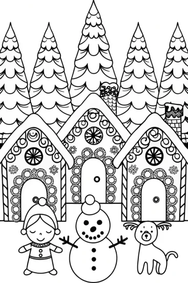 A coloring page of Gingerbread Village Celebration Coloring Page