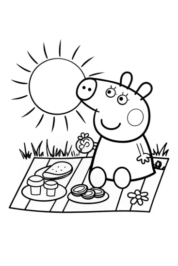 A coloring page of Peppa Pig’s Fun Day at the Garden Picnic
