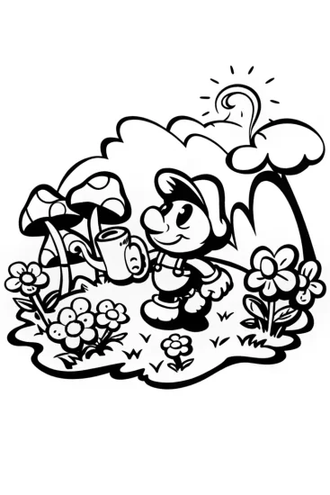 A coloring page of Luigi’s Colorful Mushroom Garden Adventure