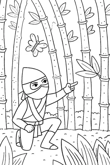 A coloring page of Ninja in Training Amidst Bamboo and Nature