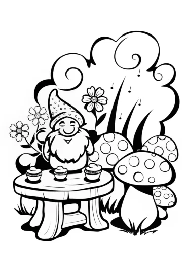A coloring page of Gnome’s Enchanted Tea Party in the Garden