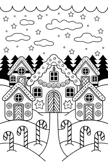 A coloring page of Whimsical Gingerbread Village Adventure