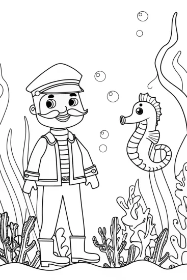 A coloring page of Barnacle and the Seahorse’s Underwater Journey