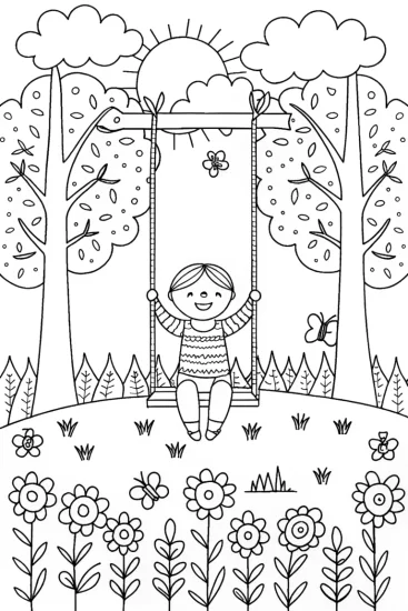 A coloring page of Cocomelon Fun on the Swing at the Park!