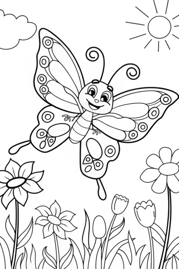 A coloring page of Butterfly’s Joyful Dance in the Flower Garden