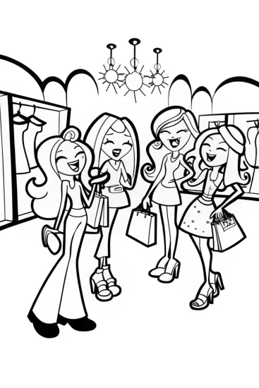 A coloring page of Bratz Fashionistas Shopping Fun at the Boutique!