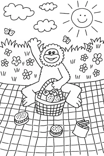 A coloring page of Huggy Wuggy’s Fun Picnic Adventure