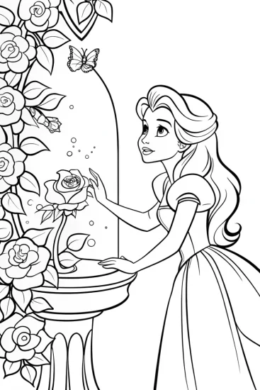A coloring page of Belle in the magical rose garden