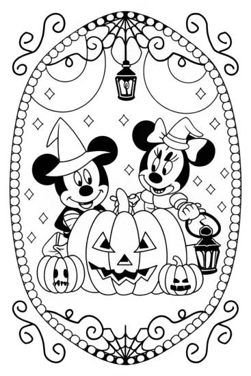 A coloring page of Mickey and Minnie at the Haunted Pumpkin Patch