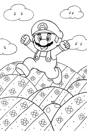 A coloring page of Mario’s Exciting Adventure in the Mushroom Kingdom!