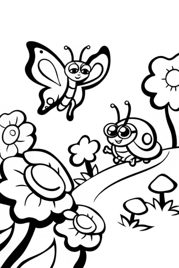 A coloring page of Flashy Garden Race: Butterfly and Ladybug Adventure