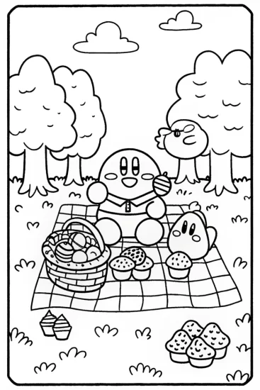 A coloring page of Kirby’s Picnic Adventure Fun!