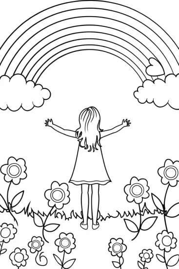 A coloring page of Rainbow Garden Adventure with the Joyful Girl