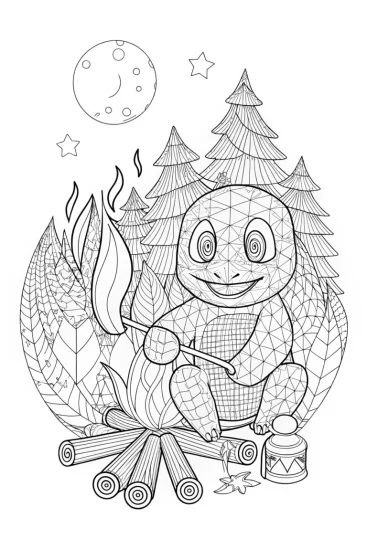 A coloring page of Squirtle’s Magical Campfire Evening