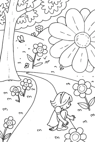A coloring page of Jasmine’s Colorful Flower Adventure in the Garden