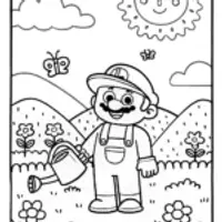 Luigi watering flowers in a vibrant garden