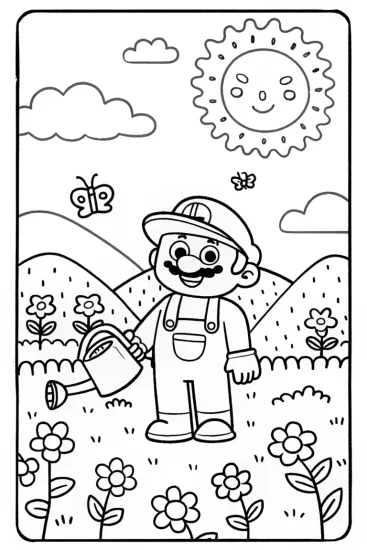 A coloring page of Luigi watering flowers in a vibrant garden