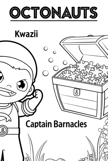 A coloring page of Octonauts Treasure Hunt with Kwazii and Captain Barnacles