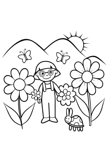 A coloring page of Blippi’s Garden Adventure with Flowers and Friends