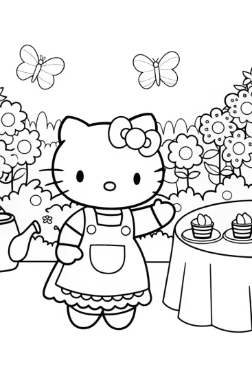 A coloring page of Hello Kitty’s Enchanted Garden Tea Party Adventure