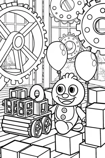 A coloring page of Huggy Wuggy’s Fun Day at the Playtime Factory!