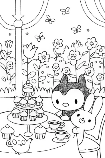 A coloring page of Kuromi’s enchanted tea time celebration