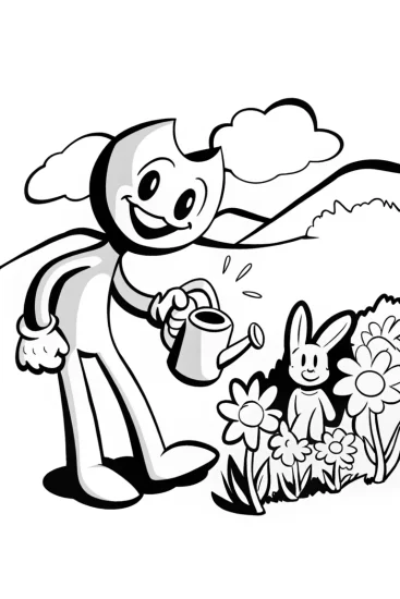 A coloring page of Huggy Wuggy’s Garden Adventure with Bunny Friends