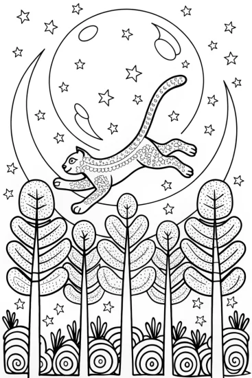 A coloring page of Dancing Cat Under the Moonlight