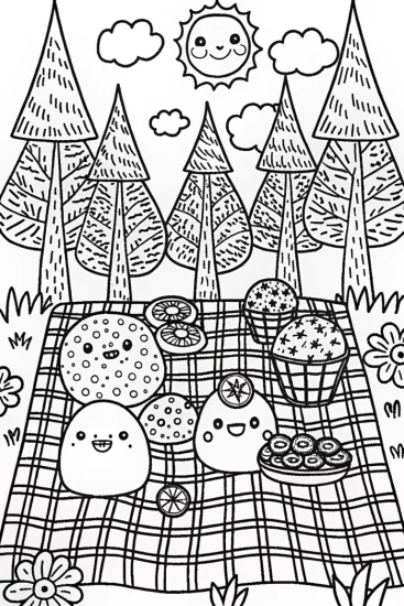 A coloring page of Squishmallow Picnic Adventure Fun!