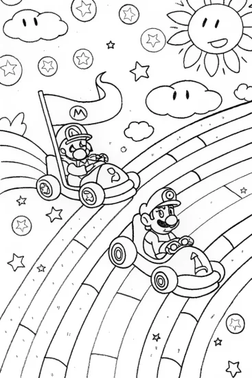 A coloring page of Rainbow Road Race with Mario and Luigi