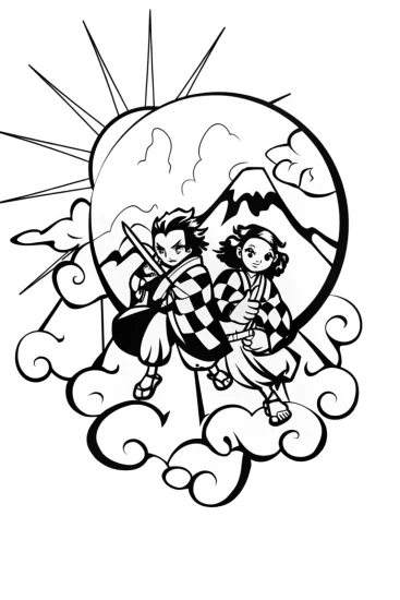 A coloring page of Guardians of the Dawn: Tanjiro and Nezuko Adventure
