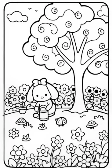 A coloring page of My Melody’s Enchanted Garden Adventure