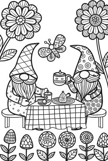 A coloring page of Gnome Tea Party in the Enchanted Garden Adventure