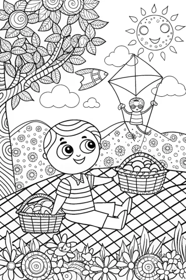 A coloring page of Cocomelon Picnic Party with JJ and Friends
