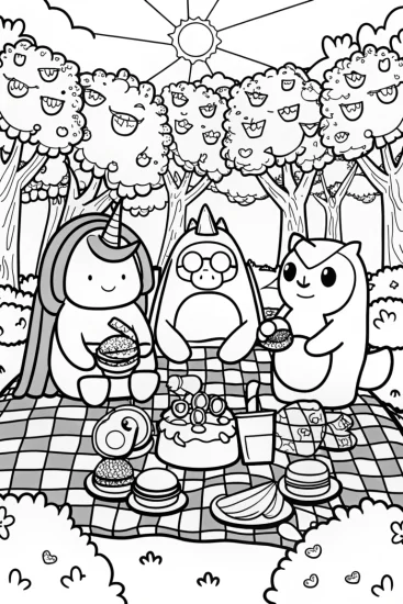 A coloring page of Squishmallows enjoying a picnic day