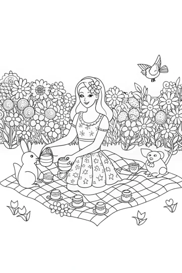 A coloring page of Barbie’s Enchanted Garden Tea Party Adventure