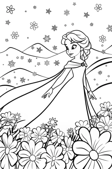 A coloring page of Elsa in Her Enchanted Garden Adventure