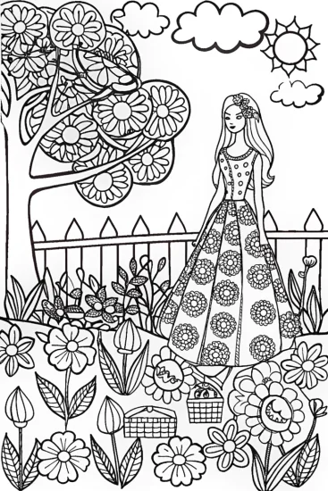 A coloring page of Barbie’s Magical Garden Adventure Coloring Page