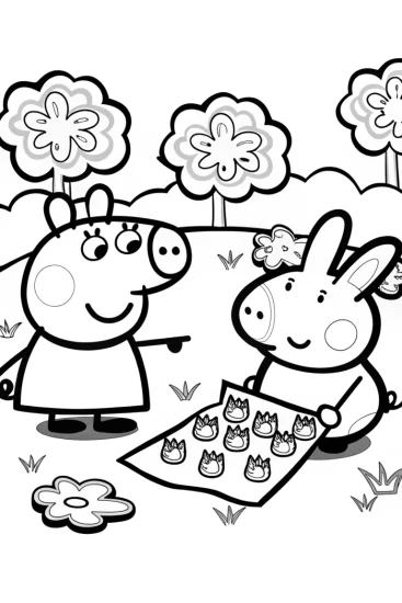 A coloring page of Peppa Pig’s Fun Day in the Garden