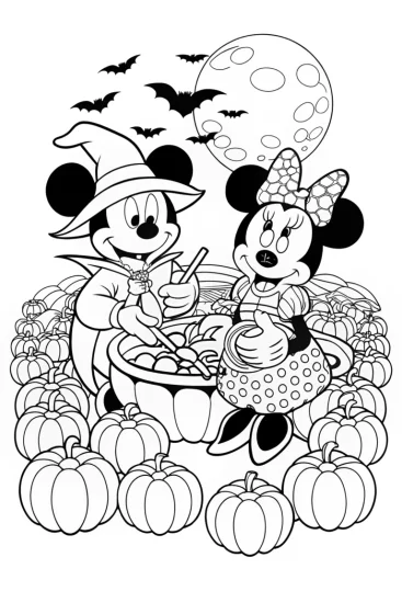 A coloring page of Mickey and Minnie’s Spooky Midnight Feast Adventure