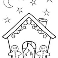 Gingerbread house beneath a starlit sky coloring page