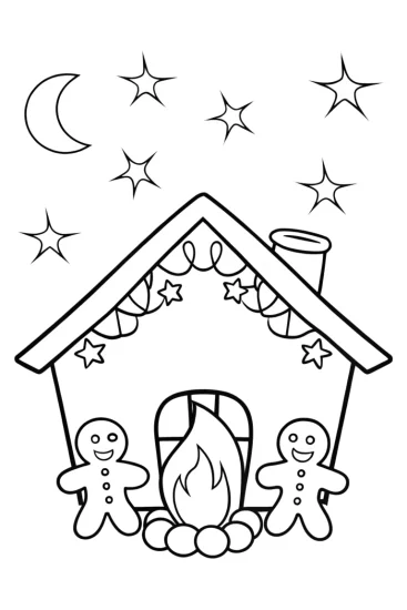 A coloring page of Gingerbread house beneath a starlit sky coloring page