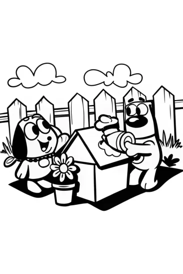 A coloring page of Bluey’s Backyard Adventure with Bingo and Rolly