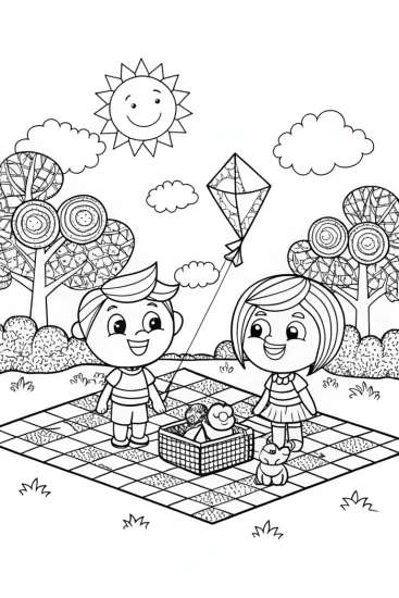 A coloring page of Cocomelon Picnic Party with JJ and TomTom