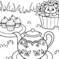 Whimsical Garden Tea Party with a Cheerful Cupcake Character