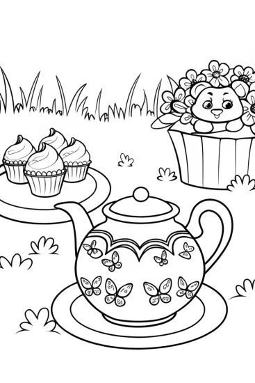A coloring page of Whimsical Garden Tea Party with a Cheerful Cupcake Character