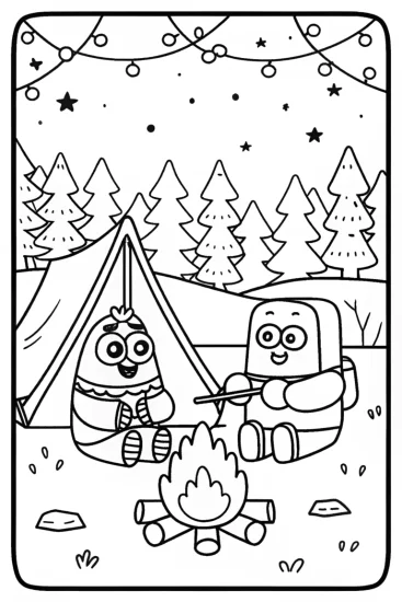 A coloring page of Bluey and Bingo’s Fun Camping Adventure