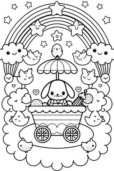 A coloring page of Cinnamoroll’s Sweet Adventure in the Sky Bakery