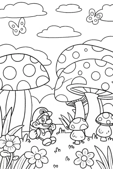 A coloring page of Mario’s Mushroom Garden Adventure Coloring Fun