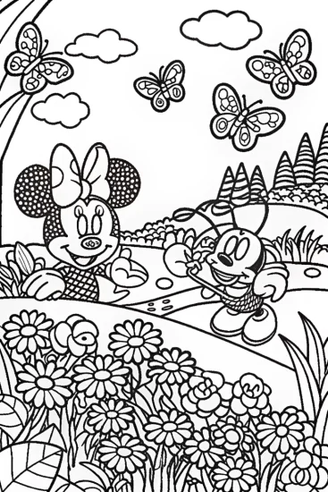 A coloring page of Minnie and Friends Explore the Magical Garden Adventure